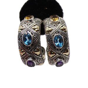 925/18k Accents Ornate Gemstone Hoop Earrings